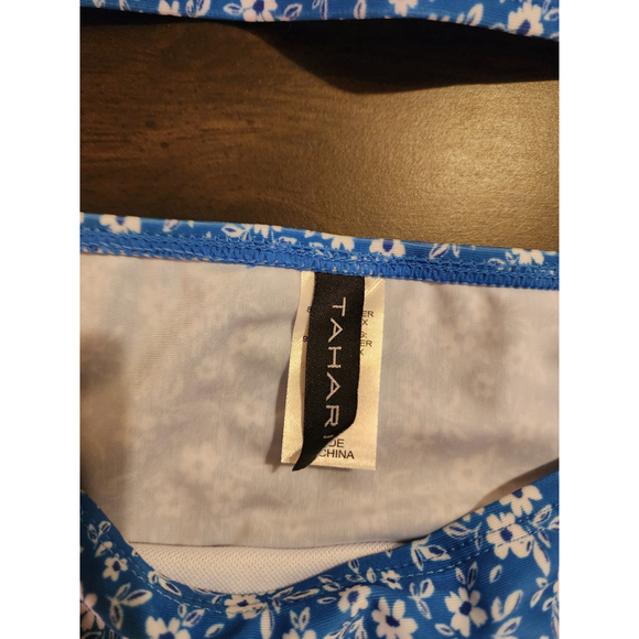 Tahari 2 piece Set Swimsuit Bathing Suit Off Shoulder MEDIUM Blue White Floral - Picture 12 of 16